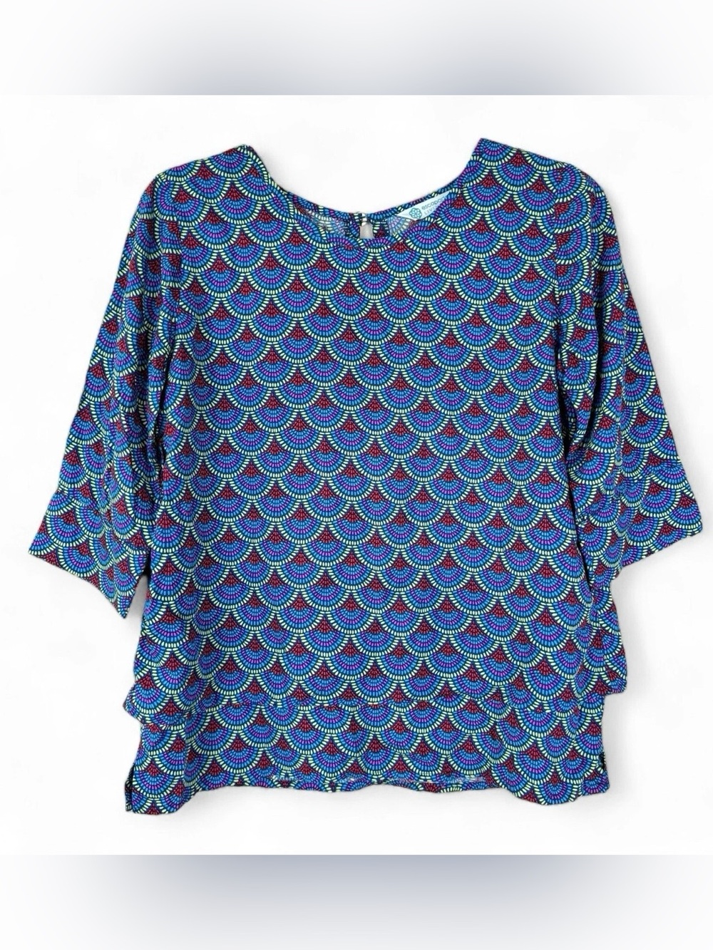 ESCAPADA Top Blouse Womens S Small Blue Scallop Print 3/4 Sleeve Tiered Hem